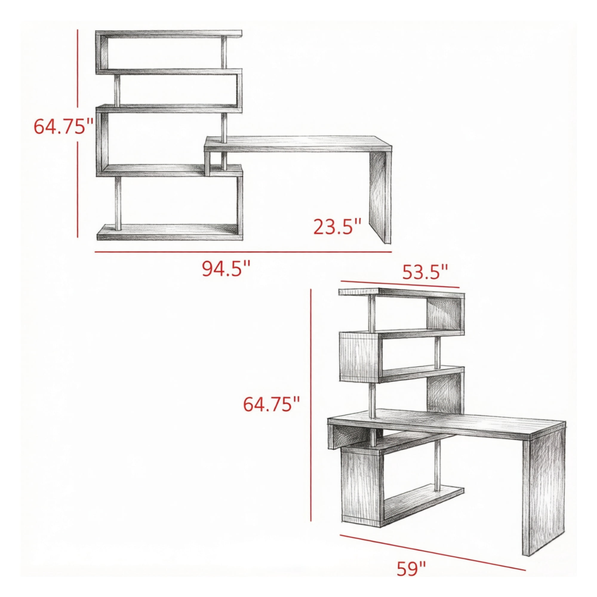 94" 5-Tier L-Shaped Computer Desk with Rotating Writing Table Corner Desk with Display Shelves And Stainless Steel Frame, Black