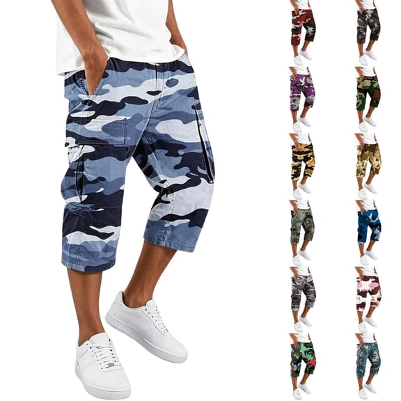 HKYNLAG Mens Long Cargo Shorts Below Knee Casual Elastic Waist Work Capri Pants Camouflage Summer Hiking Camping Stretch Cropped Pants with Multi Pockets Yellow XL