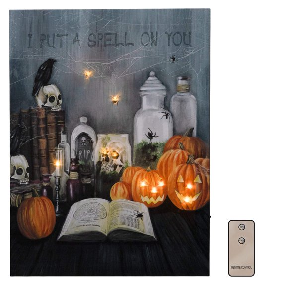 LumaBase Battery Operated Lighted Wall Art with LED White Lights and Remote Control - Halloween Spell