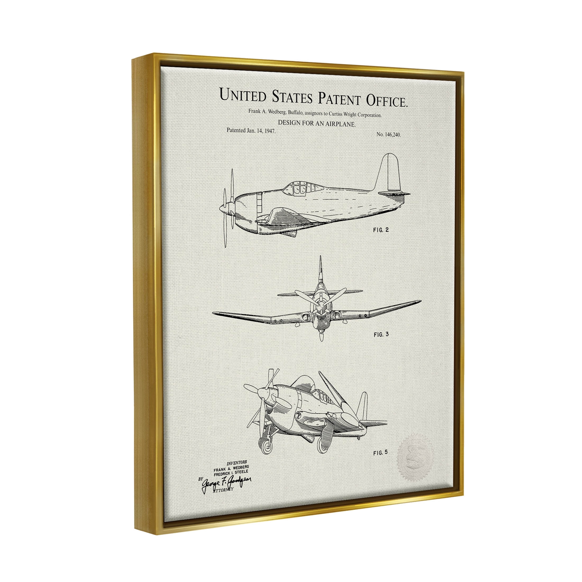Stupell Industries Detailed Vintage Plane Patent Graphic Art Metallic Gold Floating Framed Canvas Print Wall Art, Design by Karl Hronek