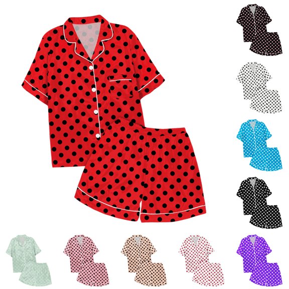 MEZZALL Children's Leisure Polka Dots Printed Button Lapel Collar Short Sleeved Tops Shorts Pajamas Sets Trendy Sleepwear