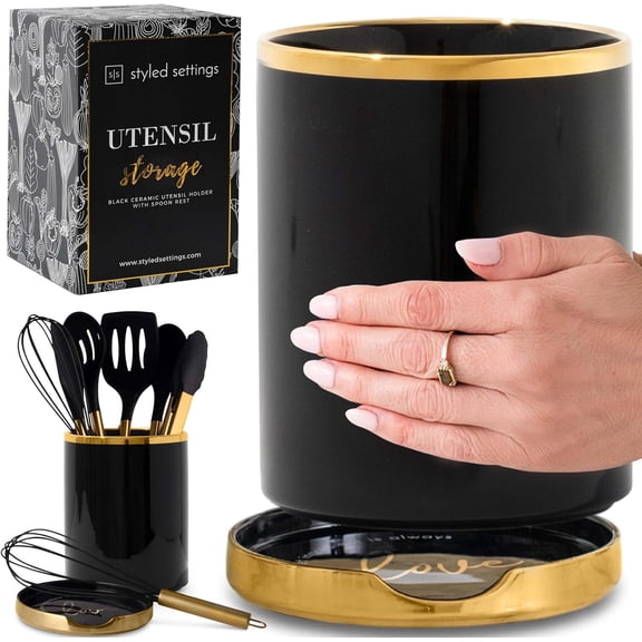 Styled Settings Black and Gold Utensil Holder with Built-in Spoon Rest - 2 PC Large Ceramic Utensil Holder Includes Black & Gold Spoon Rest