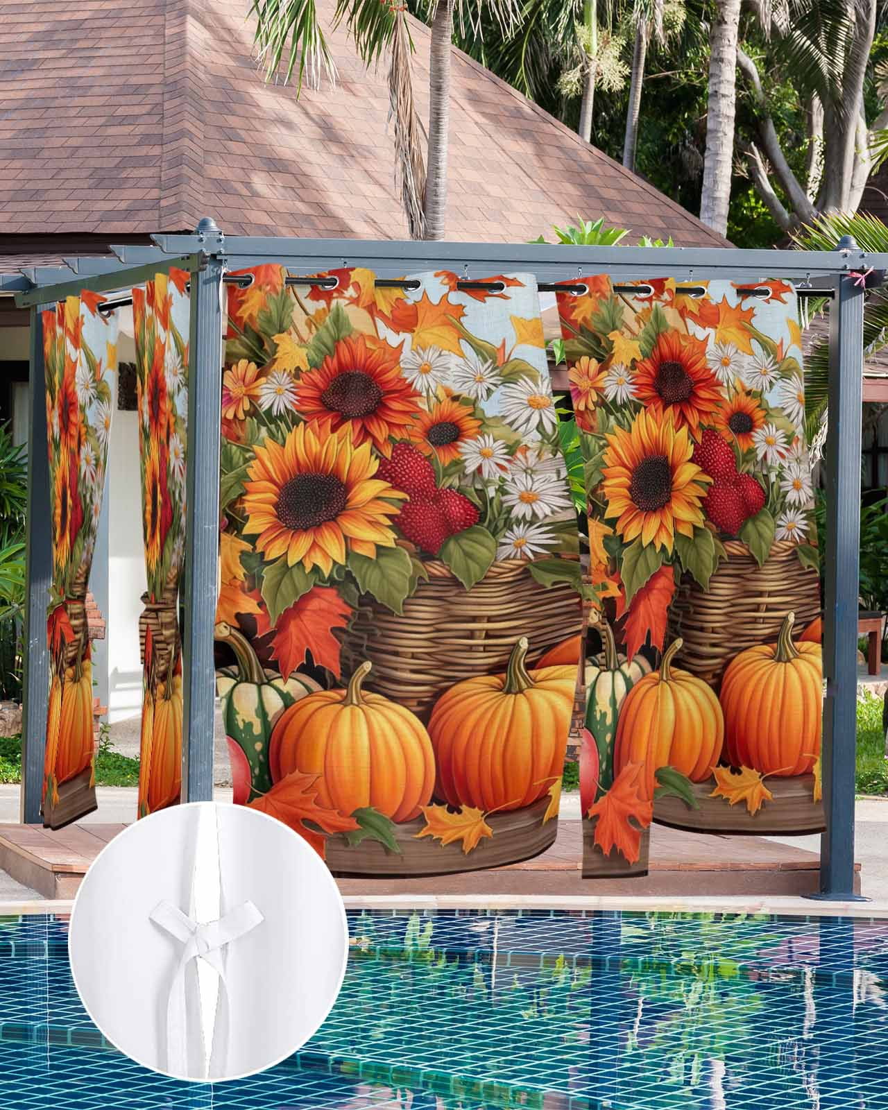 Outdoor Curtains for Patio, Orange Pumpkins Fall Waterproof Blackout Outside Curtain for Porch/Pergola/Gazebo, Watercolor Sunflower Botanical Thermal Insulated Drapes, 2 Panels, 54 x 84 Inch