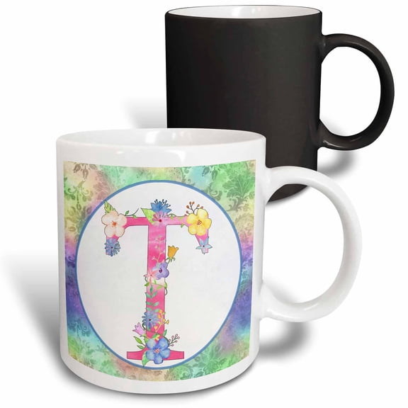 3drose, Pretty Whimsical Pink Flower Monogram Initial T, 11oz Magic Transforming Mug