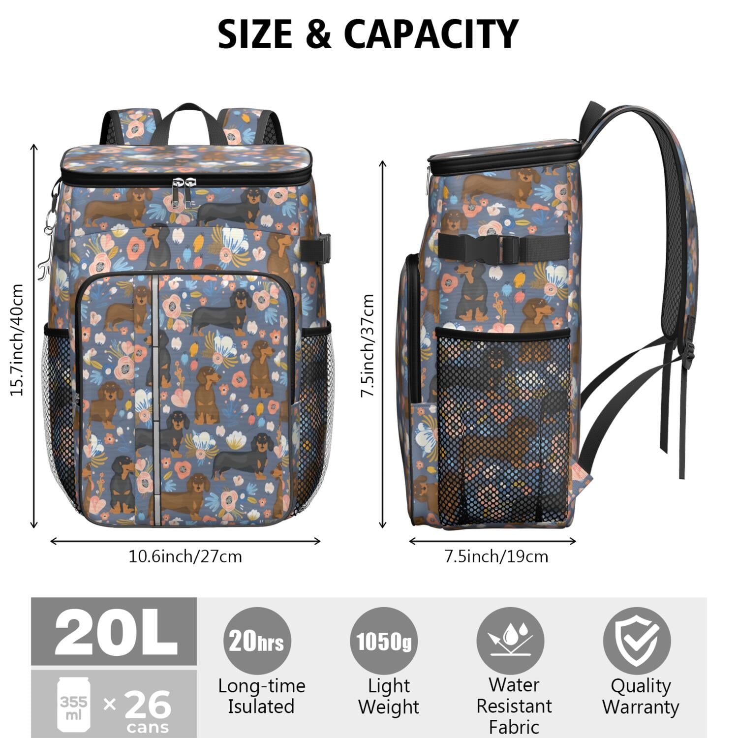 Travel Cooler Bag - Dachshund and Flower Camping Beer Cooler Backpack with Bottle Opener- Waterproof Insulated Picnic Backpacks - Cooler Bag for Beach
