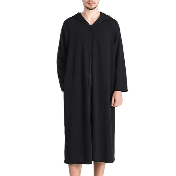 VNKIDY Men's Loungewear Solid Color Full Length Robe With Hood Long Sleeves Front Zipper Soft Nightrobe For Nightwear and Loungewear Classic Homewear