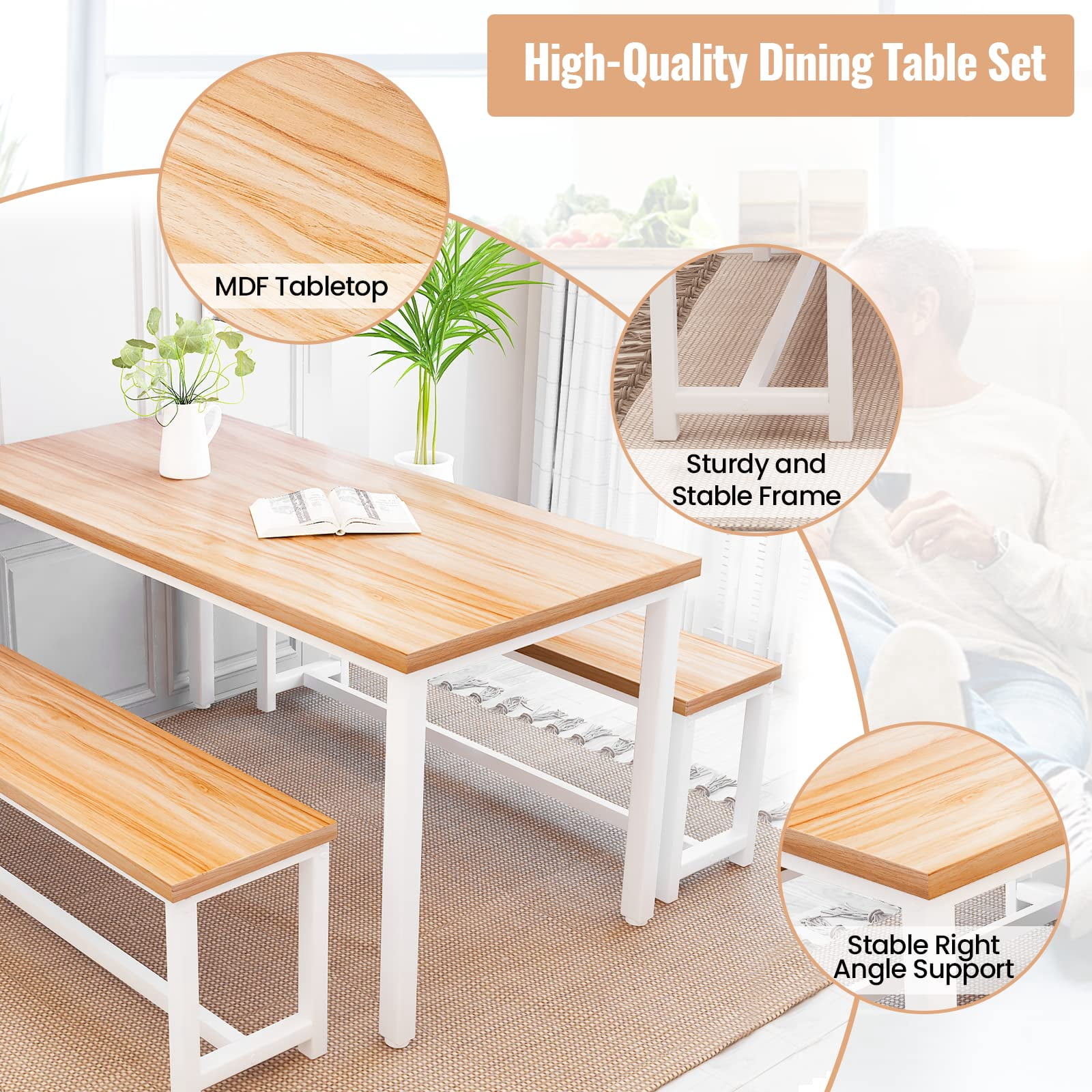 AWQM Dining Table Set with 2 Benches, Kitchen Table Set for 4,3 Piece Farmhouse Dining Room Table Set, Industrial Breakfast Nook Table Set for Small Space, Beige