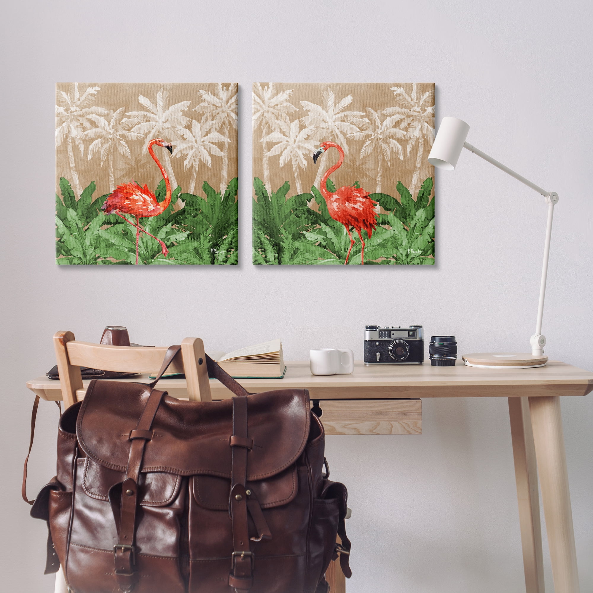 Stupell Industries Flamingoes in the Jungle Animals Painting Wrapped Canvas Art Print Wall Art, 24 x 24, Set of 2