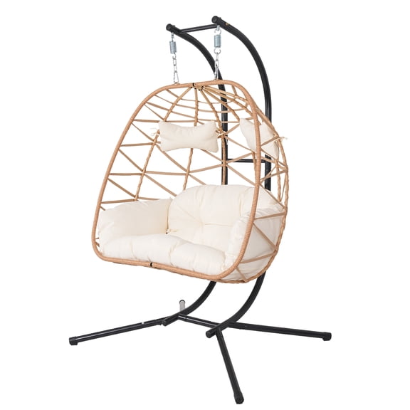 FKS LIFE Double Egg Chair with Stand Hammock Chair Cushion Outdoor Patio Wicker Loveseat Hanging Egg Chairs for 2 Persons