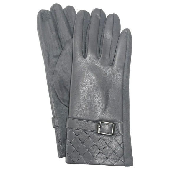 Womens Quilted Gray Vegan Leather Stretch Fit Texting & Tech Touchscreen Gloves