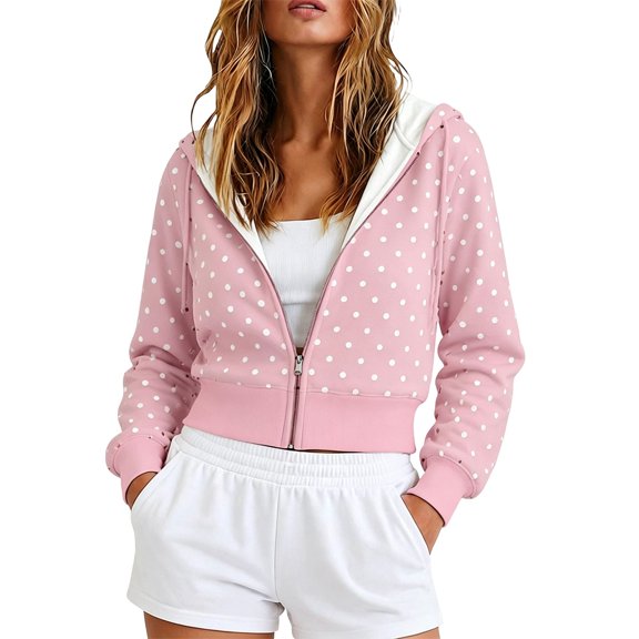 HCYSFG Women's Polka Dot Cropped Zip Up Hoodie Casual Jacket Comfy Gentle Skin Feel Drop Shoulder Loose Fit Drawstring Hooded Sweatshirt for Office Daily Wear