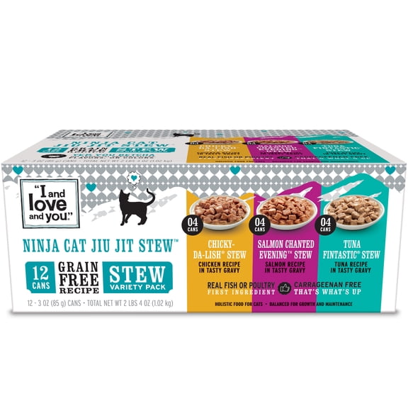"I and love and you" Wet Cat Food Variety Pack; Chicky-Da-Lish, Salmon Chanted Evening, Tuna Fintastic