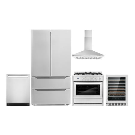 Cosmo 5 Piece Kitchen Appliance Packages with 36  Freestanding Gas Range 36  Wall Mount Range Hood 24  Built-in Fully Integrated Dishwasher French Door Refrigerator &amp; 48 Bottle Wine Refrigerator