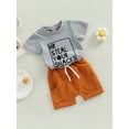 thumbnail image 3 of LMLYSoH Toddler Boys Summer 2pcs Outfits Letter Print Short Sleeve T-shirt and Stretch Casual Shorts Set, 3 of 8