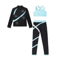 thumbnail image 3 of TiaoBug Kids Girls Figure Skating Outfits Long Sleeve Zip-up Jacket with Crisscross Crop Tops Pants Set Light Blue 16, 3 of 5