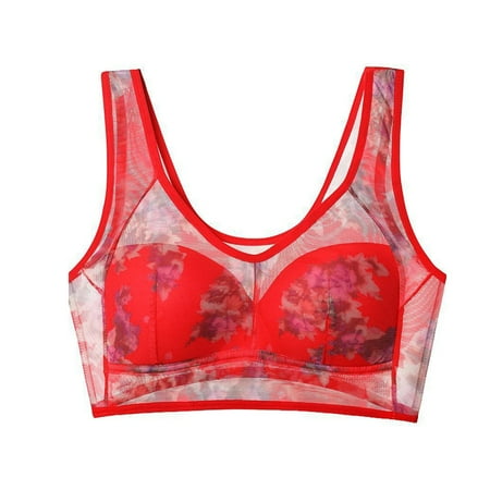 DondPO Bras for Women Women s Thin Vest Upper Side Breasts Beautiful Back Large Size Bra Printed Mesh No Ring Bra Push Up Bra Plus Size Bras for Women Clearance Red 2XL Clearance