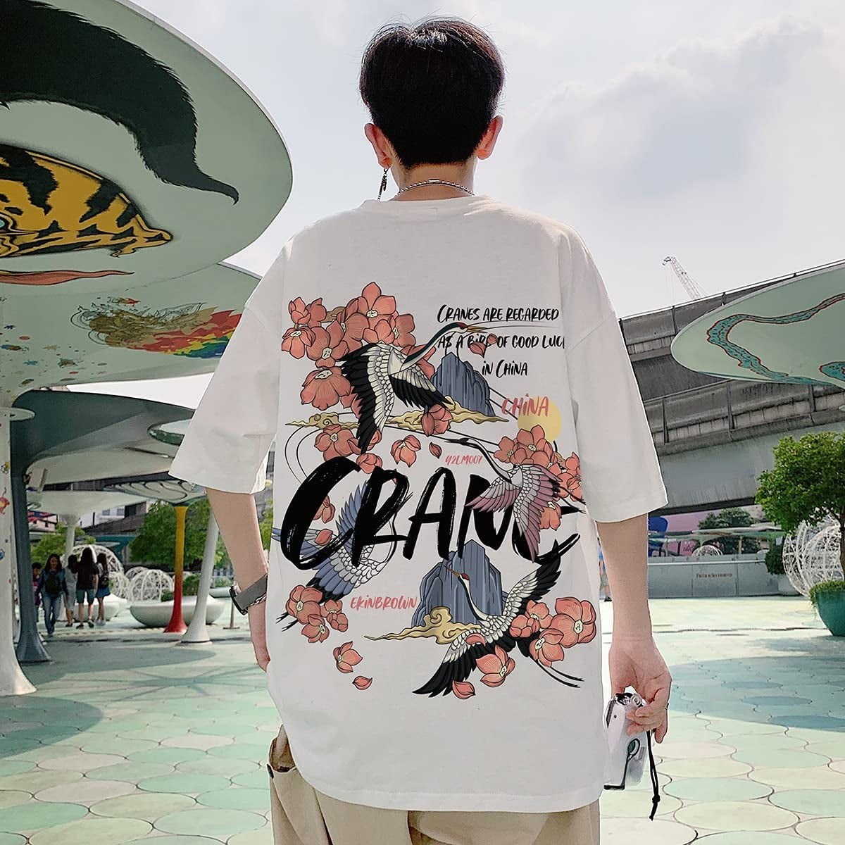CoCopeaunt Men Women Japanese Anime T Shirt, Chinese Crane