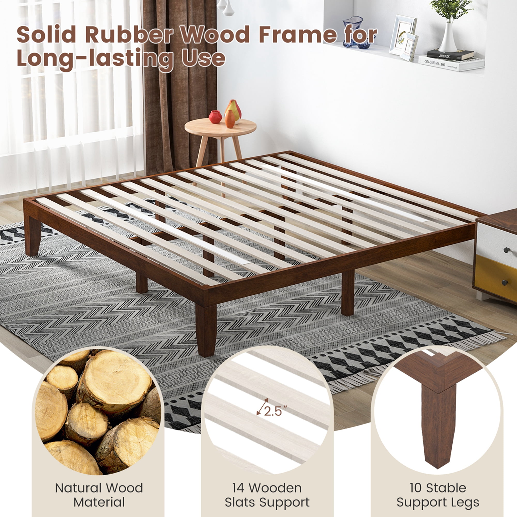 Costway King Modern Rubber Wood Plywood Standard Bed, Brown Cherry