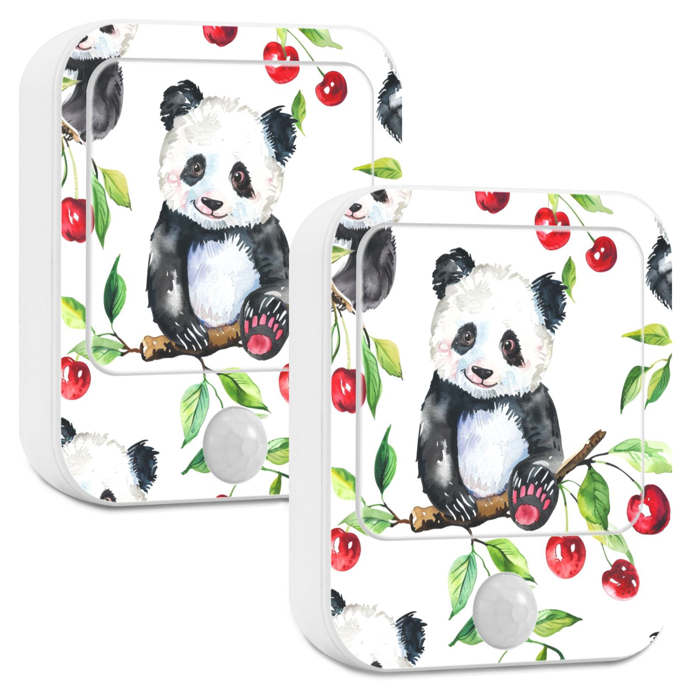 Baby Panda Cherry Night Lights Plug into Wall LED with Auto Light Sensor Warm Light for Kids Hallway Bedroom Living Room Kitchen Bathroom Set of 2