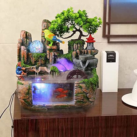 Tabletop Fountain Ornament, 110V Desktop Rockery Ornament with LED Atomizer and Pond, Featuring Waterfall Artificial Trees, Rockery Water Fountains for Home Office Desk Decor (110V-11INCH)