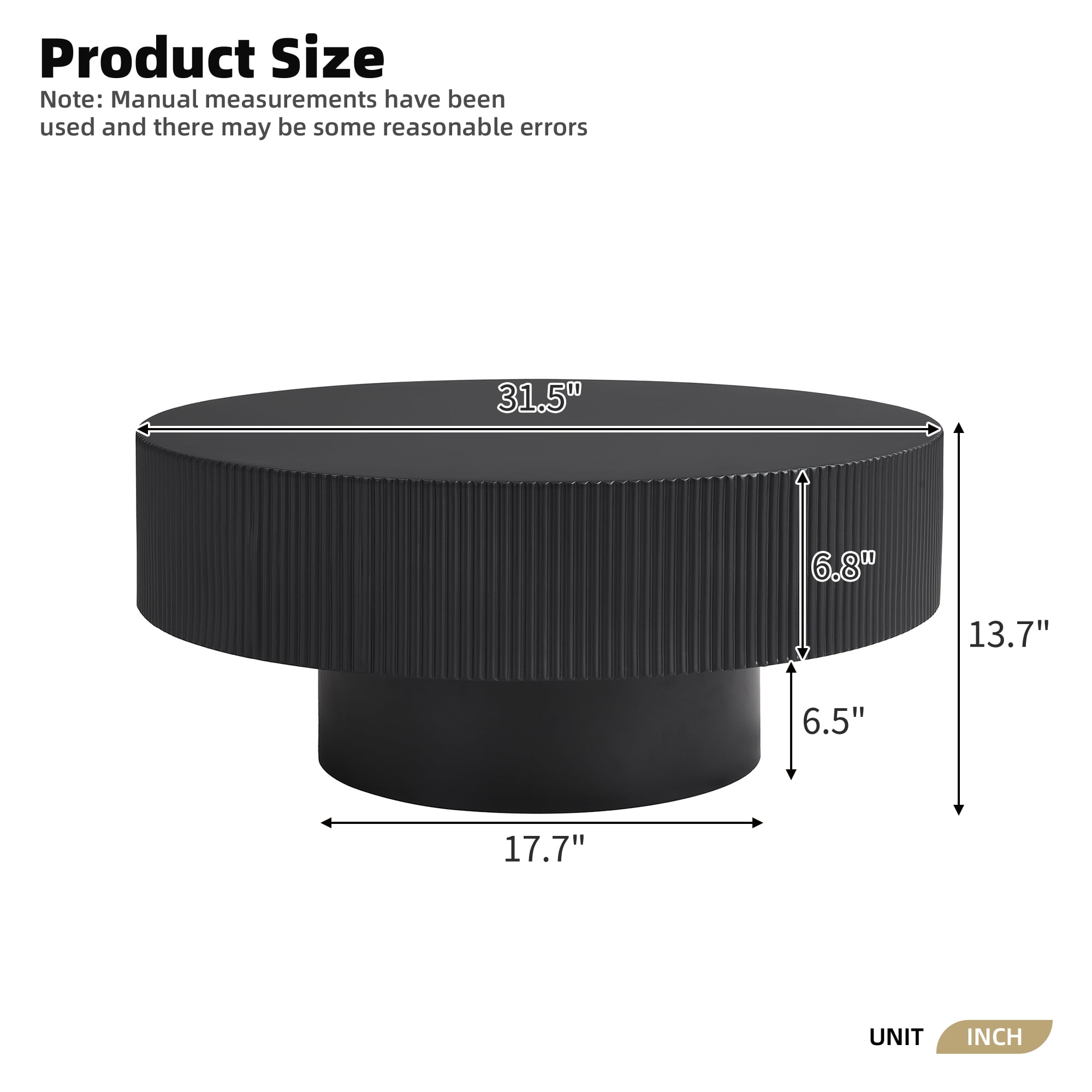 Euroco Elegant Easy Assembly Round Coffee Table with 6.8" Thick Tabletop, Modern Drum End Table, Minimalist Fluted Center Table with Sturdy Base for Living Room, Black, 31.5"W*13.7"H