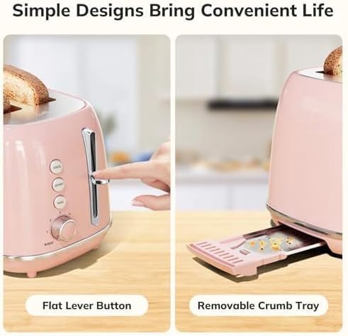 2 Slice Toaster Retro Stainless Steel with Bagel, Cancel, Defrost Function and 6 Bread Shade Settings Bread Toaster, Extra Wide Slot and Removable Crumb Tray (Pink)