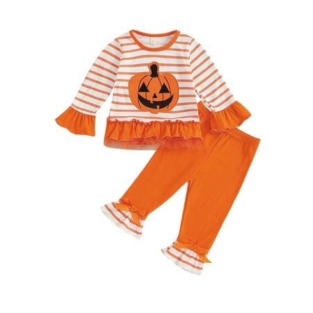 

JYYYBF Toddler Kids Girl Halloween Outfit Ruffled Patchwork Long Sleeve Striped Pumpkin Print Top Flared Pants Set