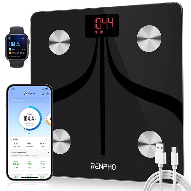 Báscula inteligente RENPHO para peso corporal, báscula de baño digital recargable por USB-C, monitor electrónico de composición corporal de 13" con aplicación para smartphone, 170 kg, color negro, Eli