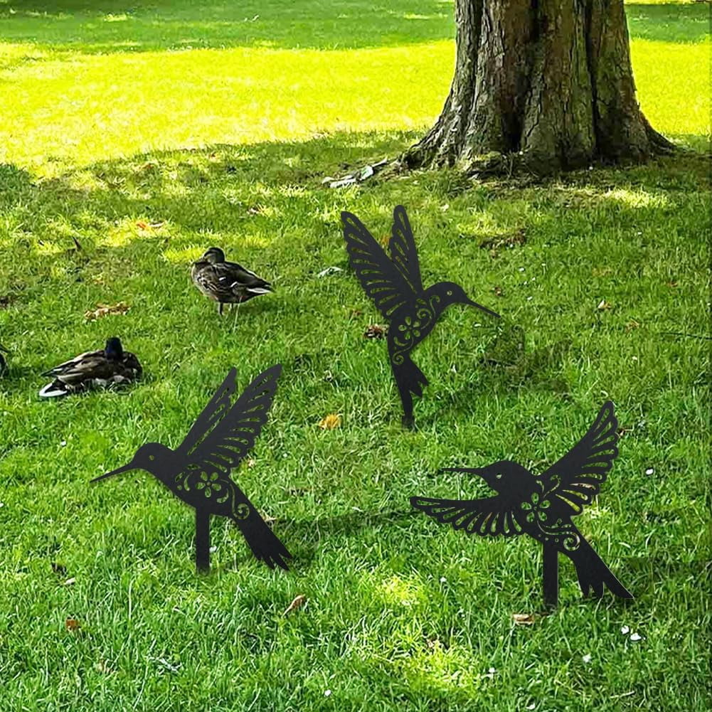 3 Styles Hummingbirds Metal Decorative Garden Stakes Funny Hummingbirds Flowers Metal Silhouette Statues Animal Garden Ornament Gifts Black Yard Art Decoration for Outdoor Backyard Patio Lawn