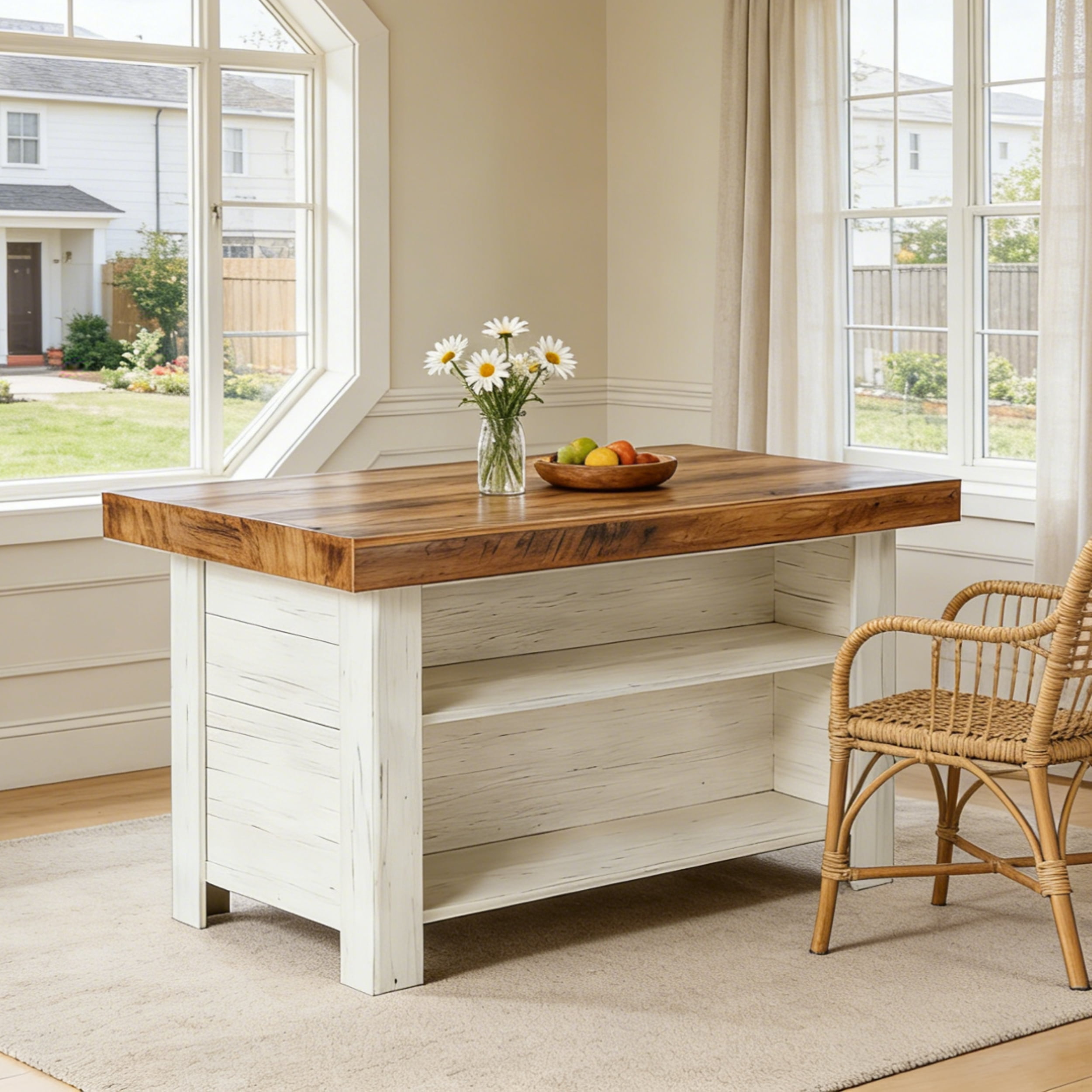 Fnova 55" Farmhouse Kitchen Island with Storage, Wooden Kitchen Table with 2-Tier Storage Shelves & Large Worktop, Modern Large Counter Height Table for Kitchen Prep & Dining