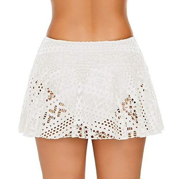 FAFWYP Women's Sexy High Waist Ruched Swim Skirt Tiered Ruffle Lace Crochet Skirted Bikini Bottom Swimsuit Short Skort Swim Skirt