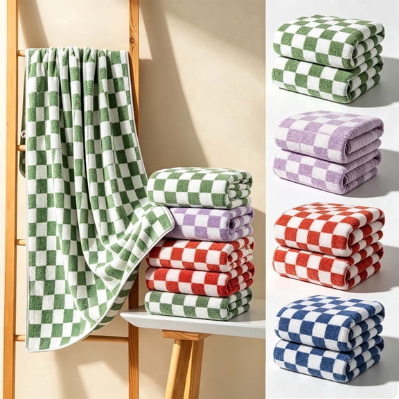 Bath Towels, Checkered Bath Towels for Bathroom, Highly Absorbent Cotton Bath Towel, Cute Checkered Shower Retro Towel for Bathroom, Multicolored _ Blue