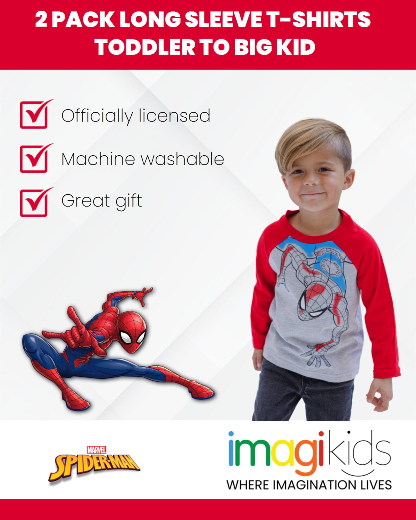 Marvel Spider-Man Toddler Boys 2 Pack Long Sleeve T-Shirts Toddler to Big Kid