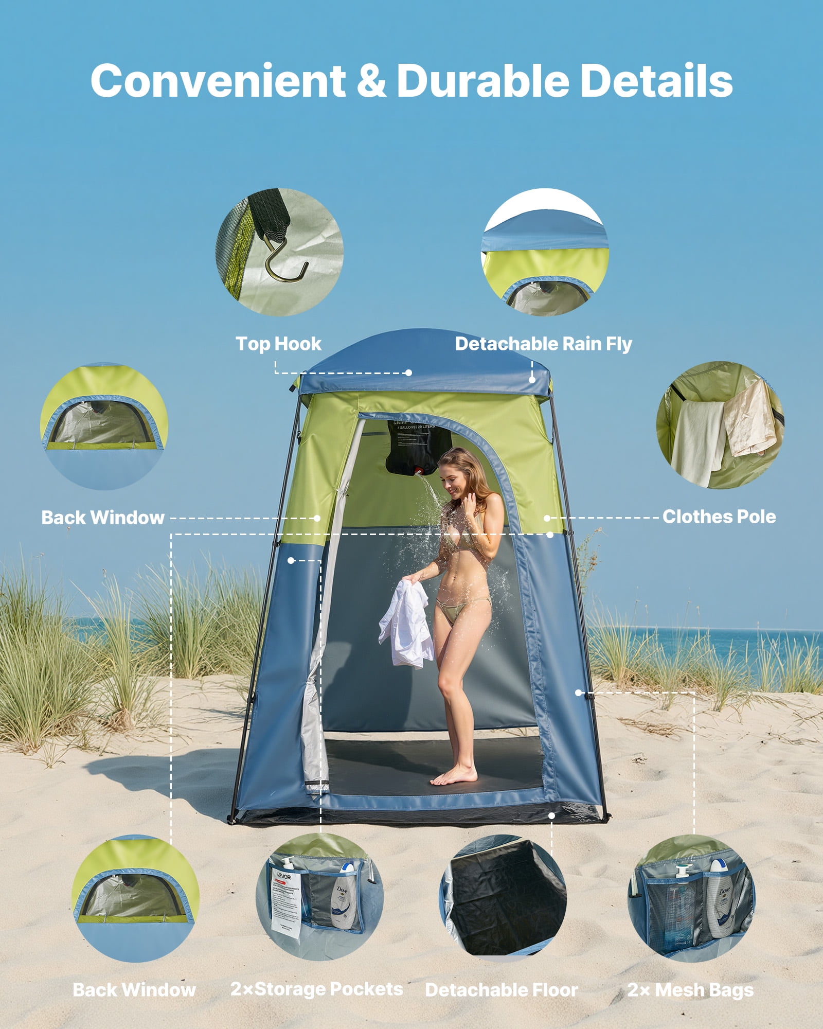 VEVOR Camping Shower Tent, 1 Room, Portable Privacy Tent Changing Room with Shower Bag, Ground Stakes, Ropes, Carry Bag, and Support Poles, 150D Oxford Fabric with Silver Coating, for Camping