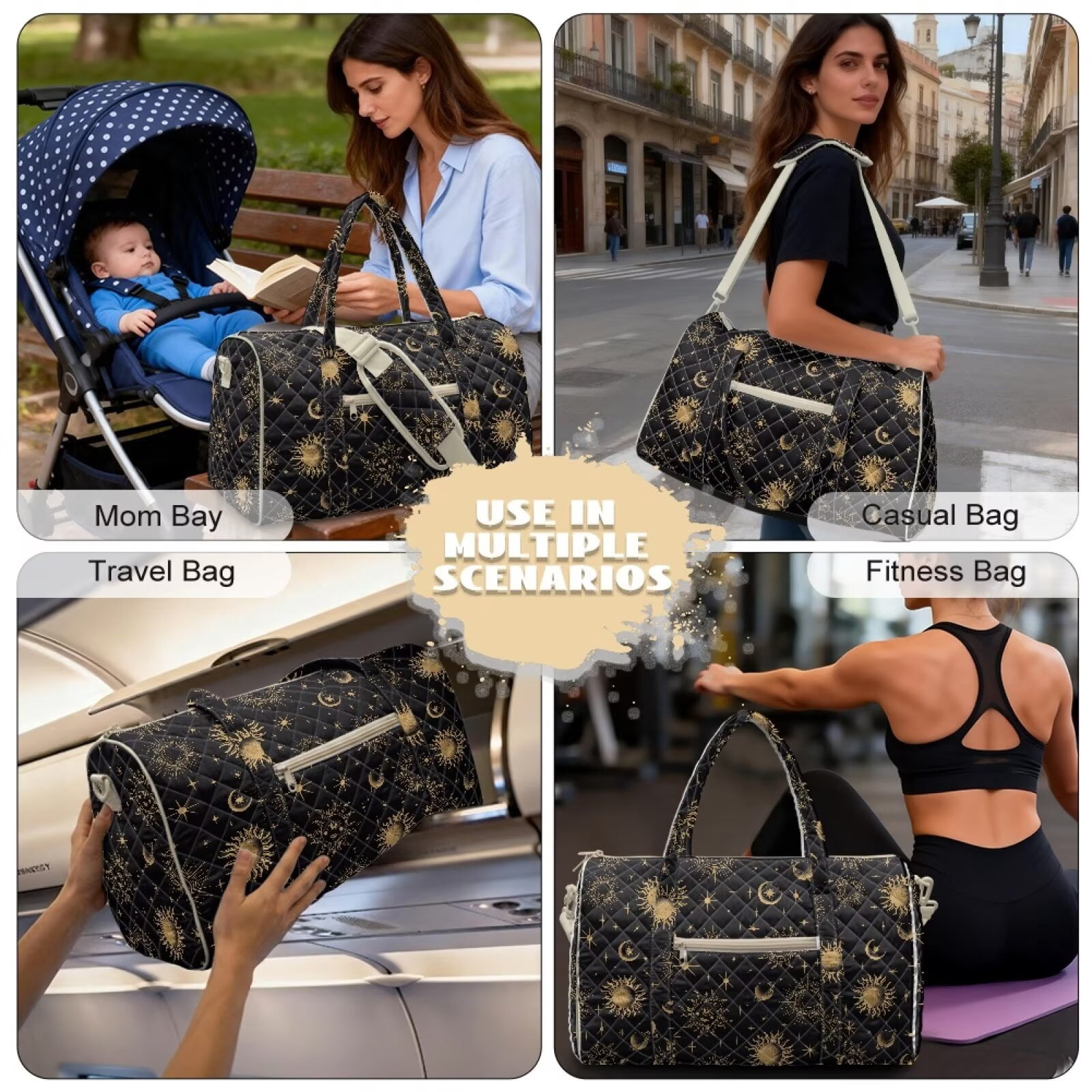 Garronmavis Black Gold Sun Moon Print Large Quilted Duffle Bag for Women, Weekender Travel Bag Carry On Overnight Bag, Cute Gym Dance Tote with Zipper Pockets