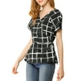 thumbnail image 2 of Allegra K Women's Plaid Drawstring Waist Short Sleeve V-Neck Peplum Wrap Blouse, 2 of 6