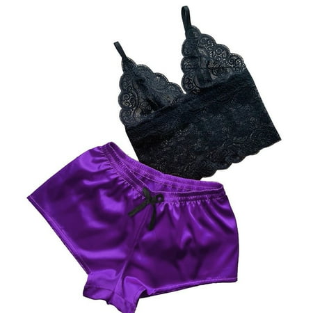 

Hfyihgf Lingerie for Women Floral Sexy Satin Pajama Sets Lace Trim Cami and Shorts 2 Piece Sheer Bralette and Panty Sleepwear(Purple L)