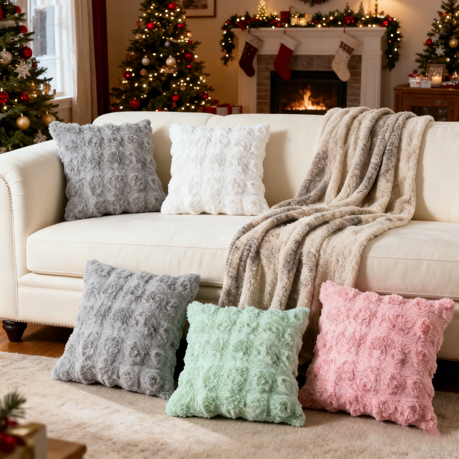 Sanmadrola Pillow Covers 18x18 Fluffy Faux Rabbit Fur Decorative Throw Pillows Case, Shaggy Decorative Cushion Covers for Sofa, Bedroom, Living Room, Cozy Home Décor, Set of 2