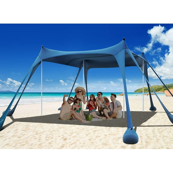 Osoeri Tienda de campaña de playa, refugio solar para acampar UPF50+ con 8 sacos de arena, palas de arena, estacas de tierra y postes de estabilidad, toldo de playa con sombra al aire libre para viaje