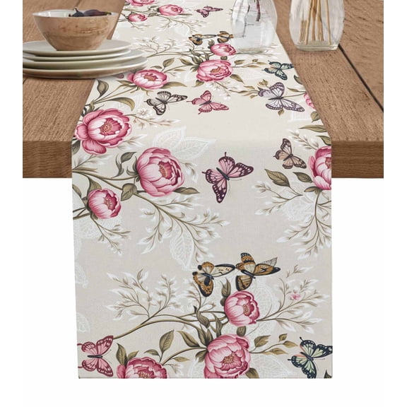 Pink Spring Floral Table Runner 120 Inches, Farmhouse Flowers Butterflies Botanical Bed Runner Dresser Scarves Tabletop for Indoor Outdoor Parties/Ceremony/Banquet, 13"x 120"