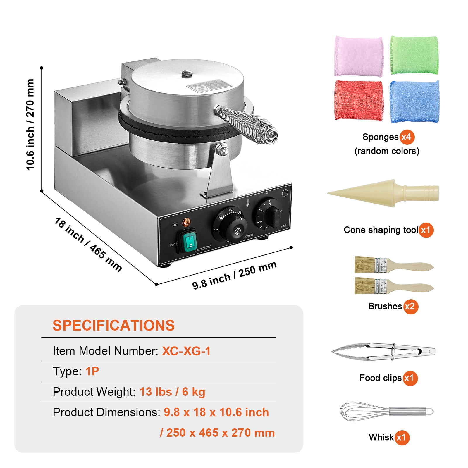 KFFKFF Electric Ice Cream Cone Maker, 1230W Commercial Waffle Cone Machine, Non-Stick Stainless Steel Egg Roll Mold, Adjustable Temperature and Timer, with Handle for Home, Bakery, or Snack Bar Use