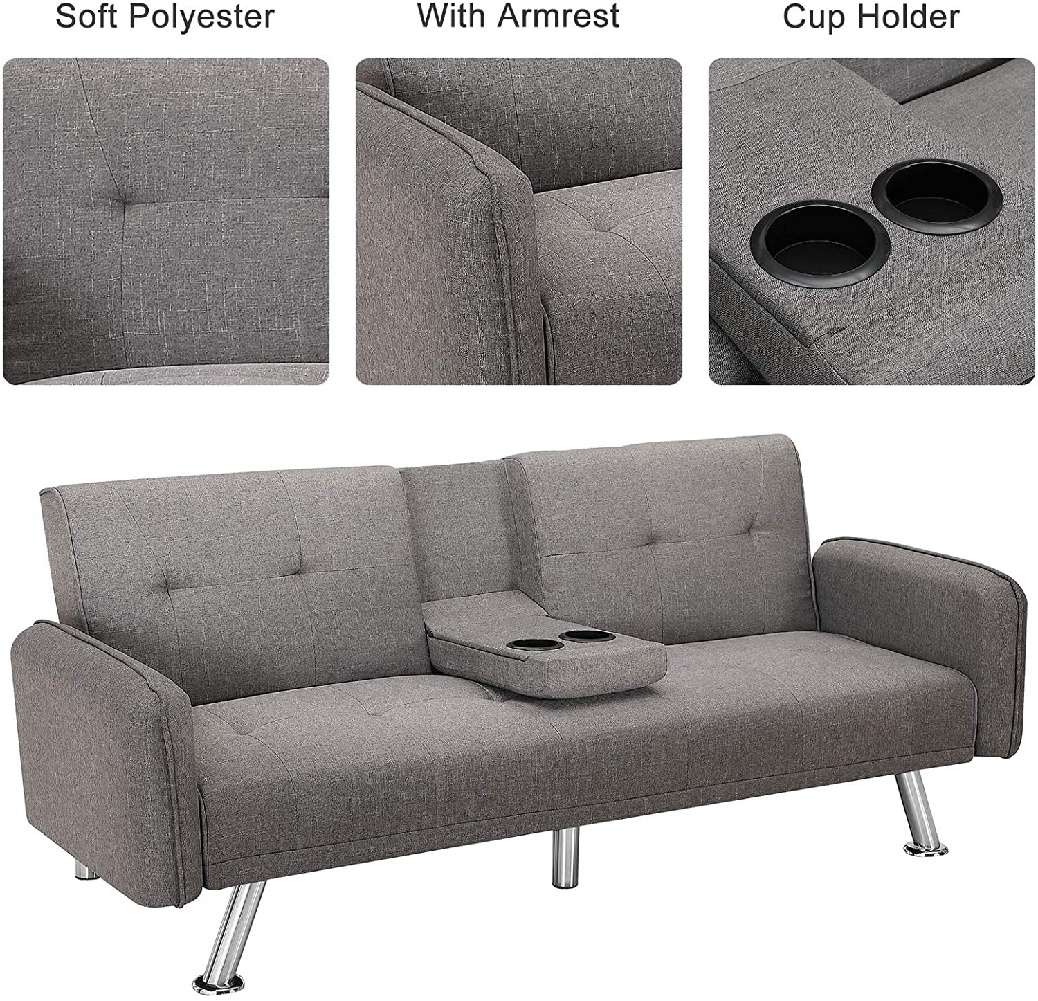 Lowestbest Modern Sofa Bed, Lounge Sleeper Couch, Upholstered Sofas with 2 Cup Holders (Light Gray) Lowestbest Modern Sofa Bed, Lounge Sleeper Couch, Upholstered Sofas with 2 Cup Holders (Light Gray)