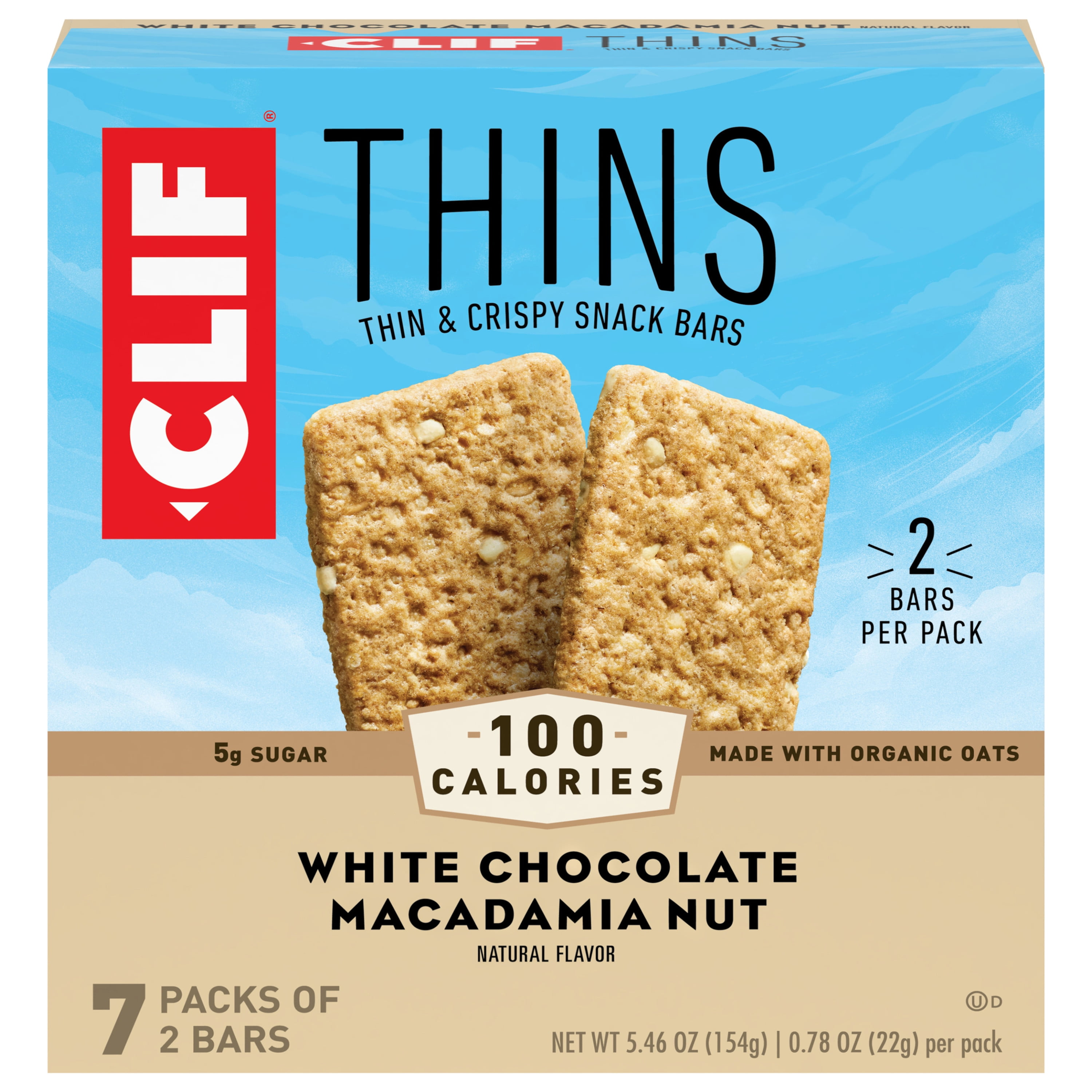 CLIF BAR Thins Snack Bars, White Chocolate Macadamia, 100 Calorie Packs, 7 Ct, 0.78 oz