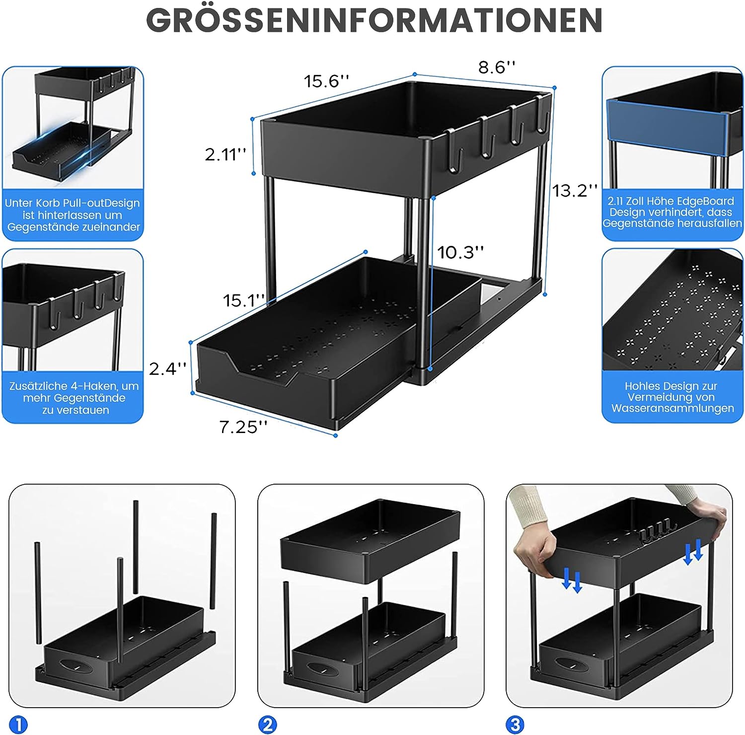 Under Sink Organizer, Bathroom Cabinet Organizer, 2 Tier Organizer Drawer with 4 Hooks & Sliding Cabinet Basket - Kitchen Organizer for Sink, Bathroom, Tabletop (Black)