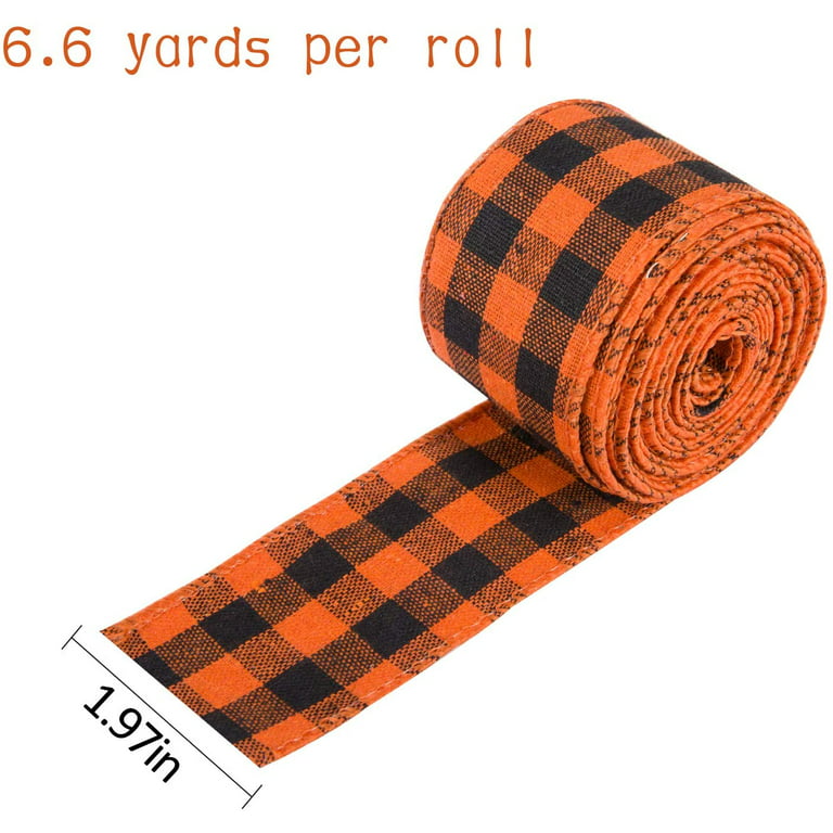Ribbli Fall Burlap Ribbon,Natural/Orange/Sage Green/Fall Color Plaid Wired  Ribbon, 2 Inch x 6 Rolls Total 30 Yard, Fall Wired Ribbon for Big