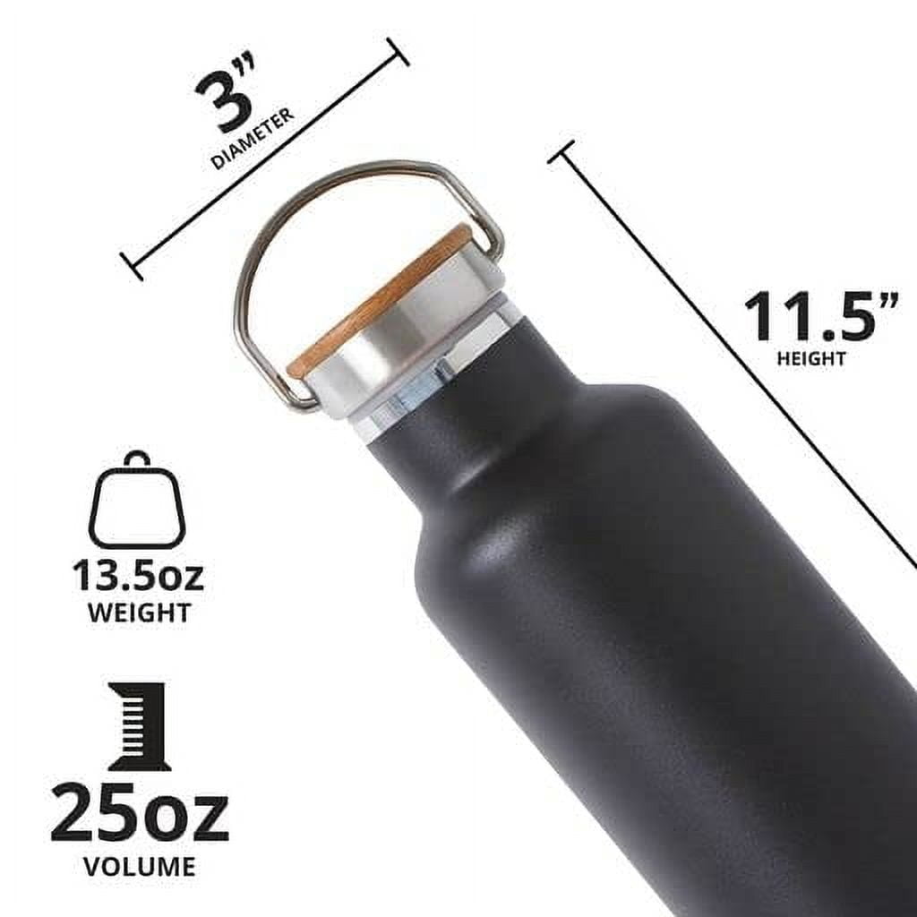 Elemental Classic Insulated Water Bottle, Leak Proof Thermos Water Bottle with Bamboo Lid and Metal Ring, Reusable Insulated Stainless Steel Water Bottle, 25oz - Matte Black
