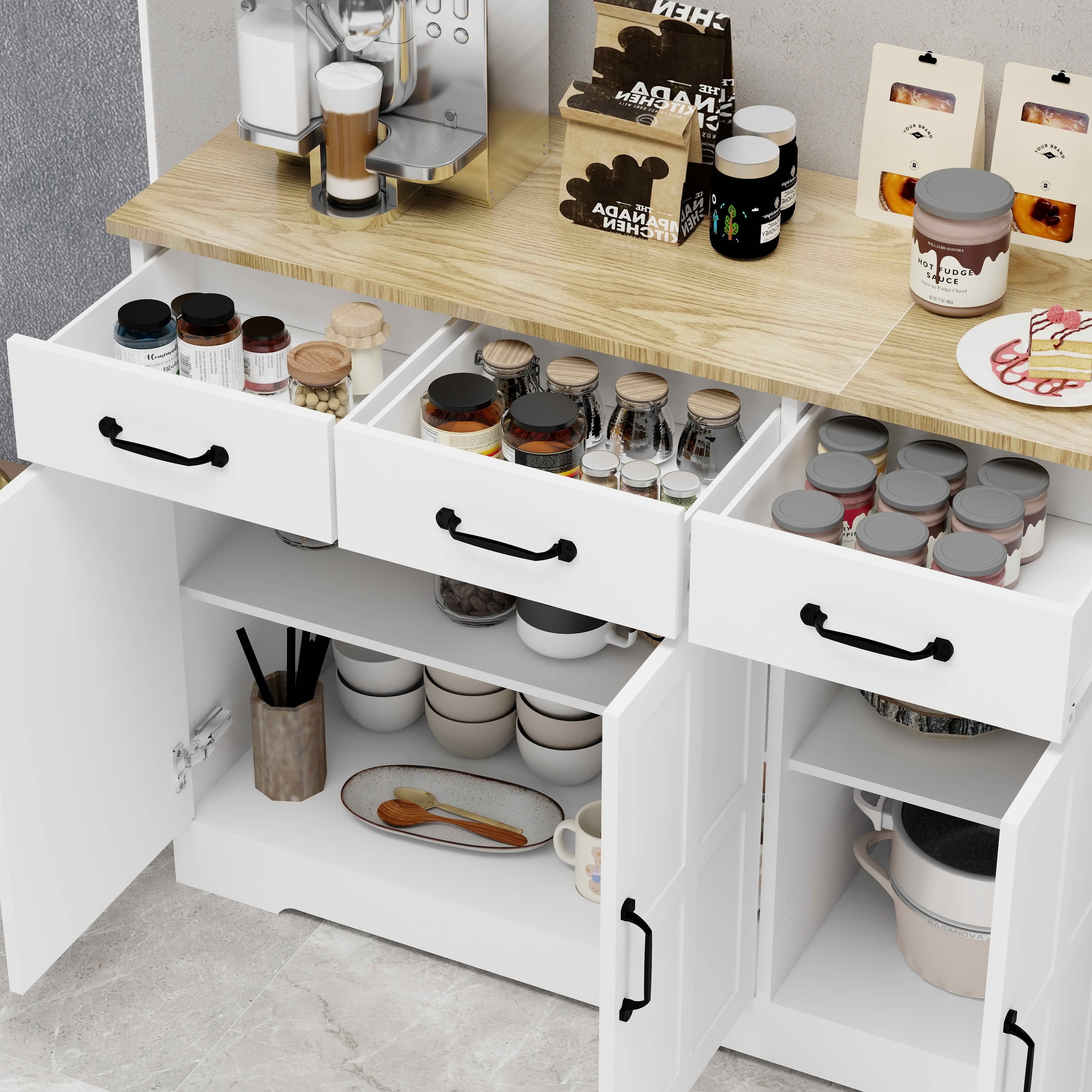 MAYEERTY Farmhouse Buffet Cabinet Storage Sideboard, 3 Drawers 3 Doors for Kitchen Dining Room White