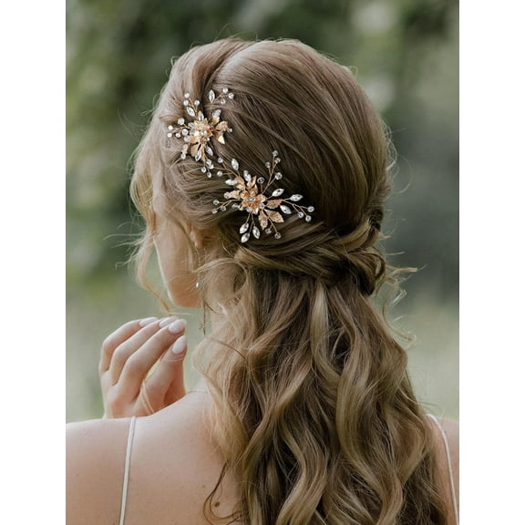 2 Pieces Bridal Wedding Hair Pins Flower Pearls Clips Crystal Headpiece Gold Accessories Leaf Bobby Pins Jewelry for Bridesmaids Party Piece Women and Girls
