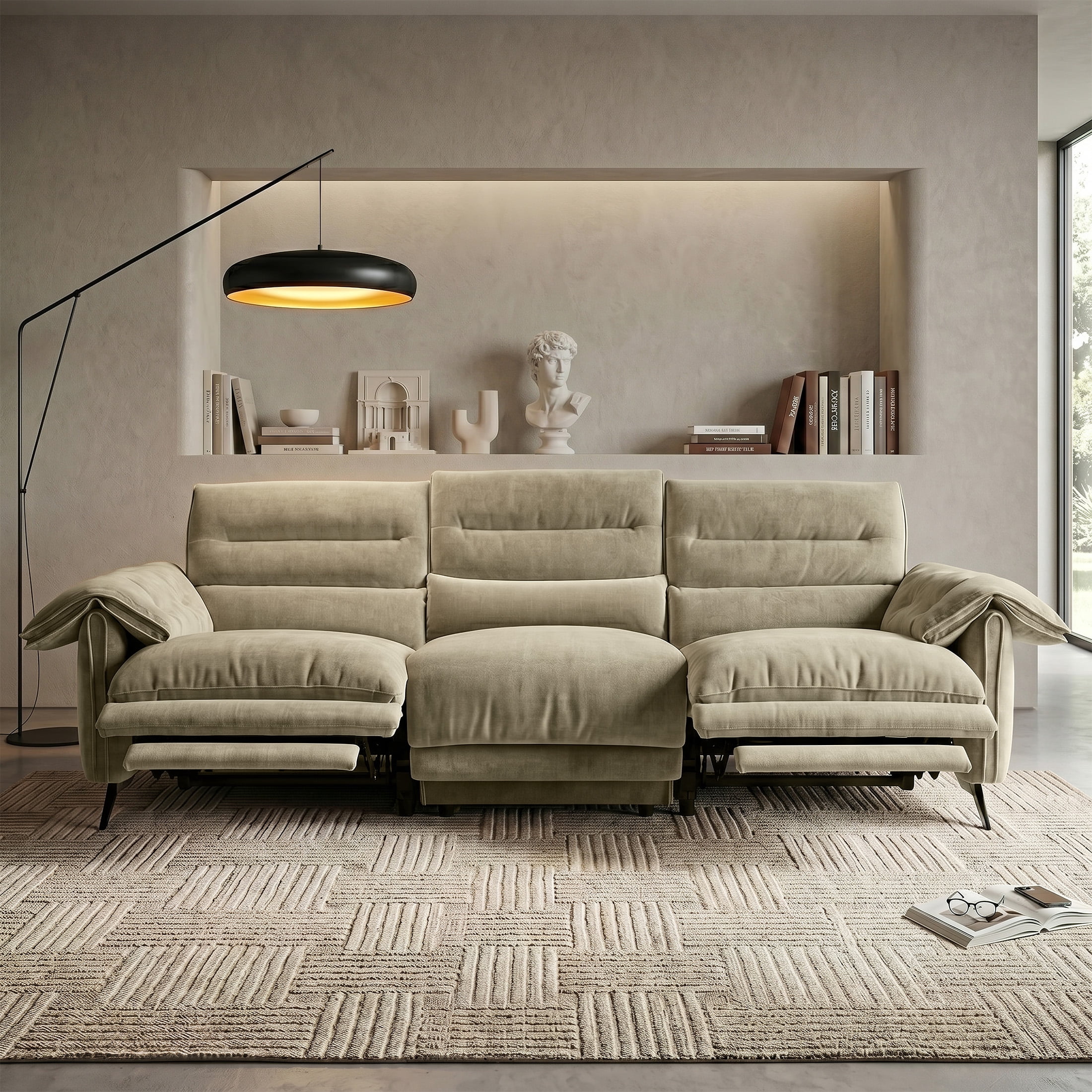 Aenkyo 108" Oversized 3-Seater Power Reclining Sofa with USB Ports and Footrest, Taupe