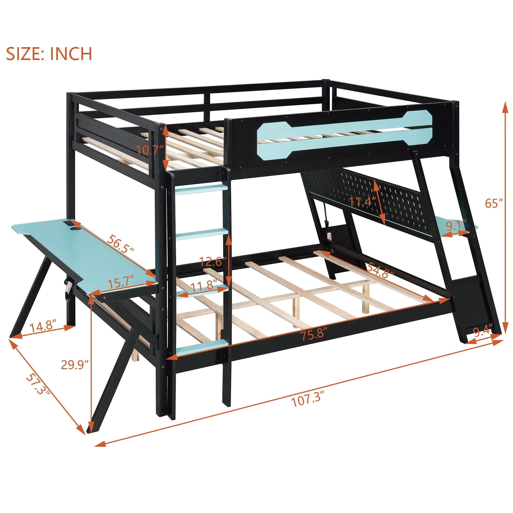 Aukfa Full over Full Bunk Bed with Built-In Desks, USB Charging Ports & Pegboard Organizer, Wood E-Sports Gaming Bed Frame for Kids/Teens, Blue
